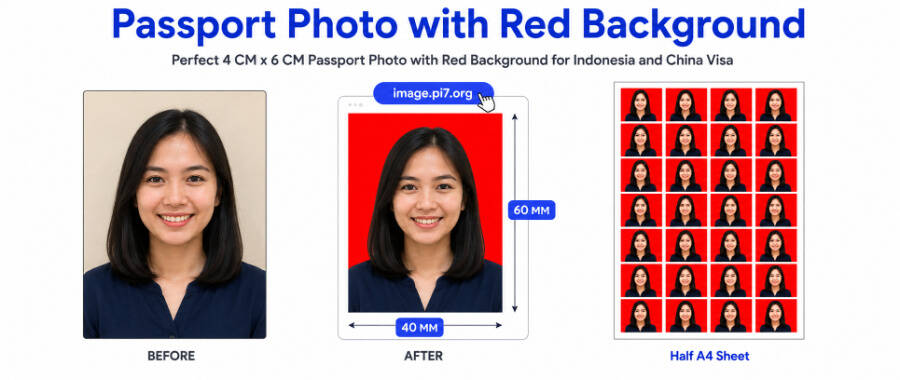 Sample red background passport photo created with Pi7 Red Background Passport Photo Maker - showing a portrait photo with the original background replaced by bright red for Indonesia paspor RI 4 cm x 6 cm