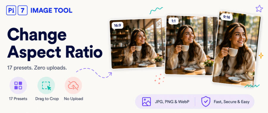 Pi7 Change Aspect Ratio tool - a landscape source photo on the left and the same photo reshaped for Instagram 1:1, YouTube 16:9, and TikTok 9:16 on the right