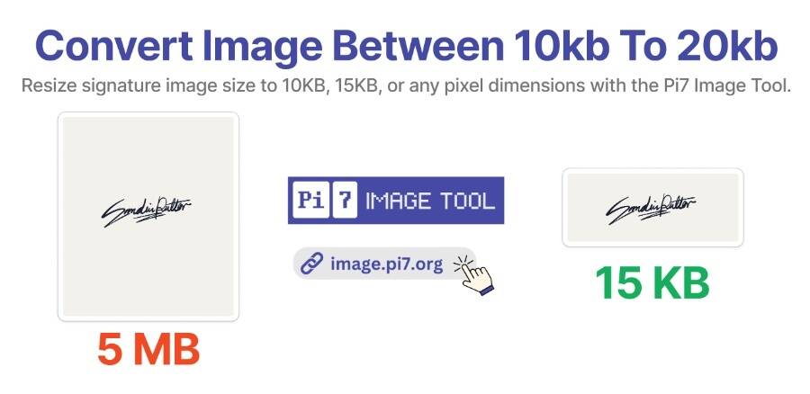 Resize your signature image size to 10KB, 15KB, or any pixel dimensions with the Pi7 Image Tool.