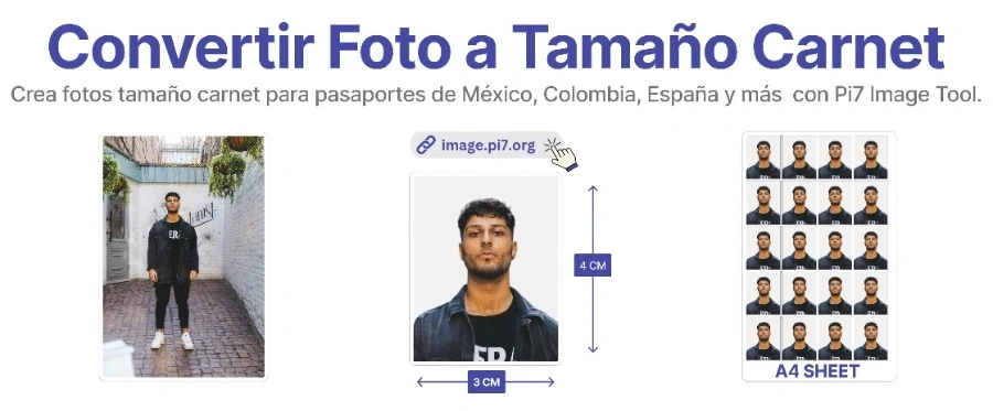 Crea fotos tamaño carnet para pasaportes de México, Colombia, España y más con Pi7 Image Tool.