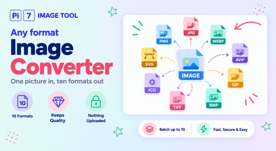 Pi7 image converter turning one picture into JPG, PNG, WebP and other formats