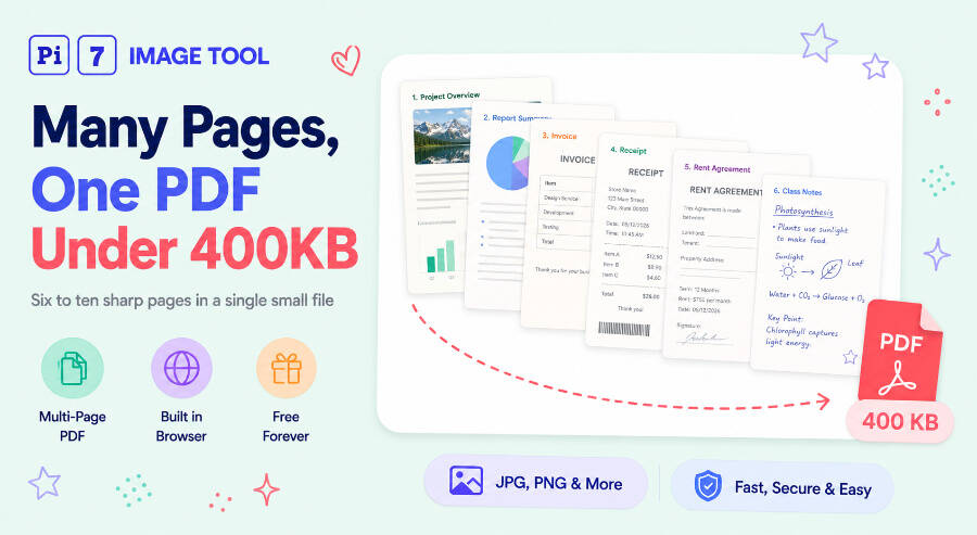 Convert many pages to one PDF under 400kb with Pi7 Image Tool