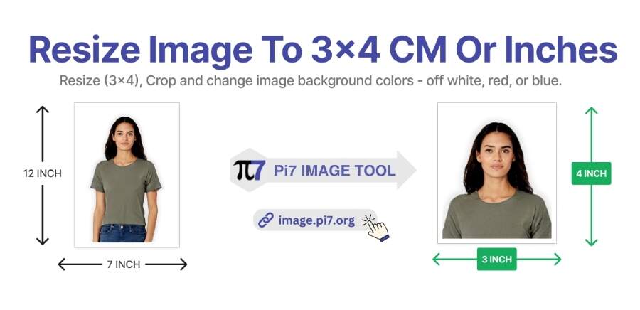 Resize image to 3x4 cm or inches with Pi7 Image Resizer tool online.